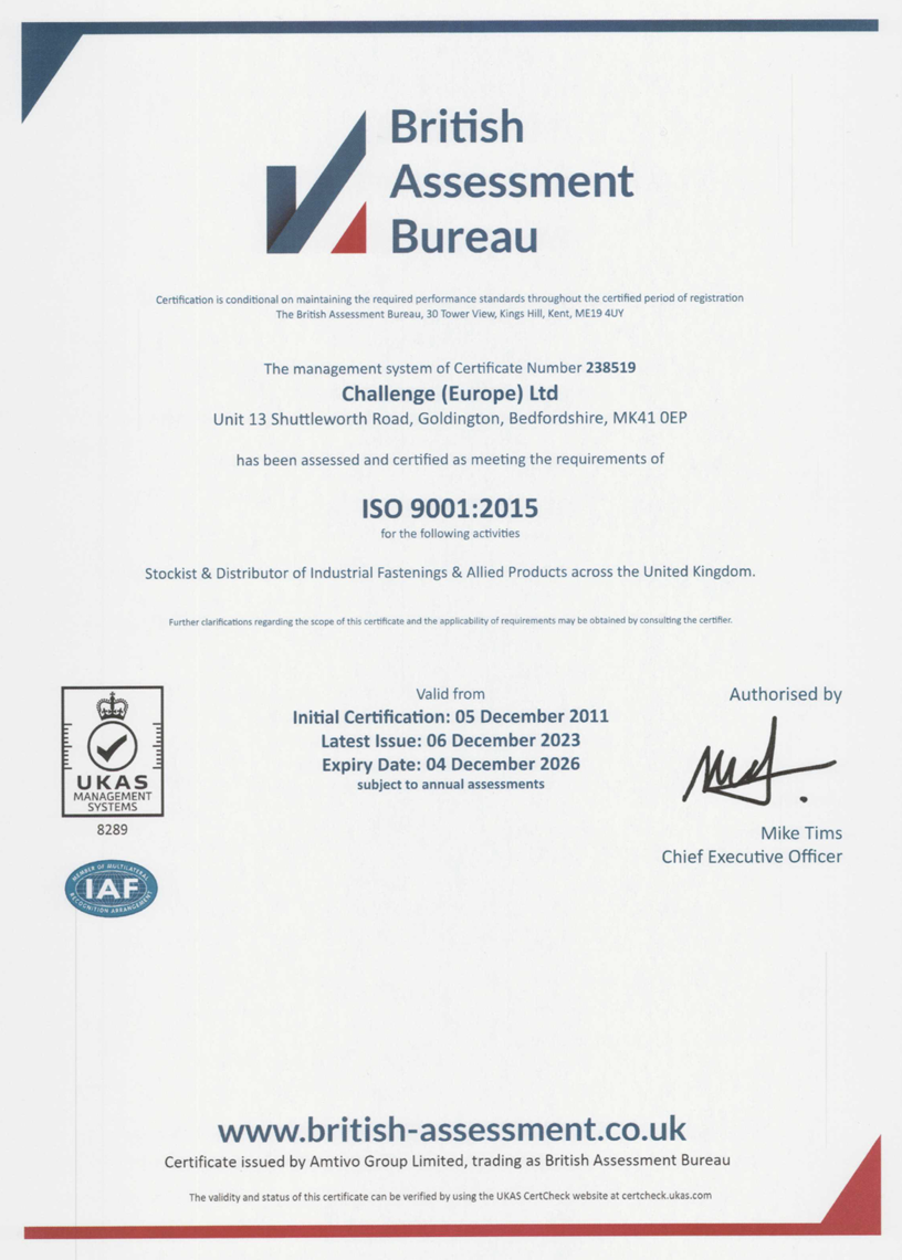 Challenge Europe ISO 9001 2015 Certificate